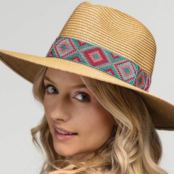 Boho Tribal Geo Print Straw Panama hat - Picture 4 of 7
